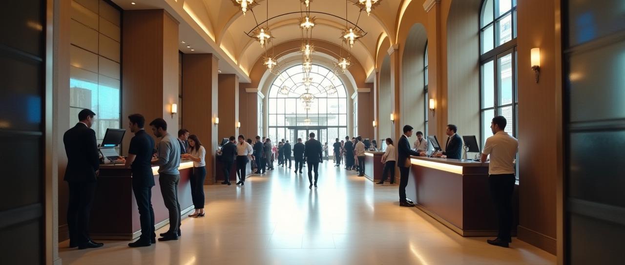 Hall di un moderno hotel italiano, ospiti al check-in
